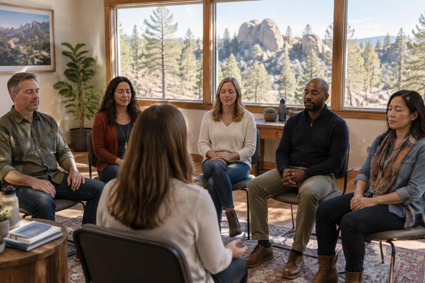 Illustrative workplace breathing workshop in a Prescott-inspired pine and granite setting